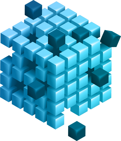 Large blue isometric cube consisting of many small cubes, some of which fall out.